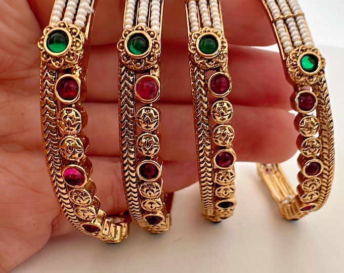 Indian Bangles 4 PC set /Pearl Bridal Bangle set/Gold Plated Wedding Bangles/Mix n Match bangles/Gold chuda Set/Indian jewelry
