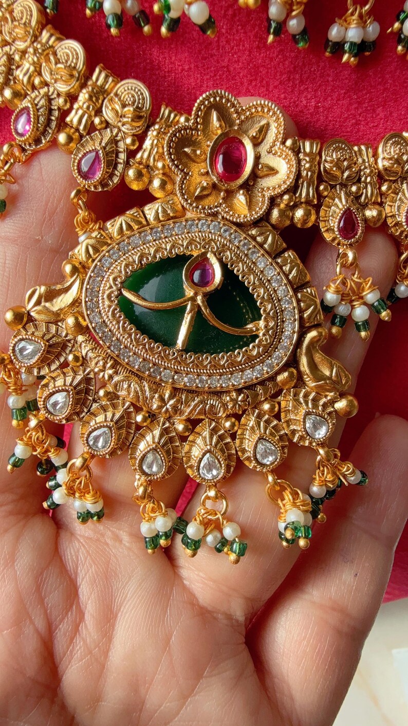 Heritage Collection Ruby Green Kundan Necklace Set Antique Gold 