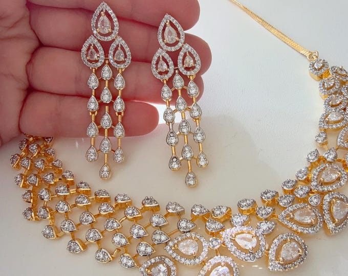 2 Tone diamond necklace  /Indian jewelry/ CZ Choker/Bridal choker/ Indian Necklace/2 tone gold diamond choker/Bridal choker