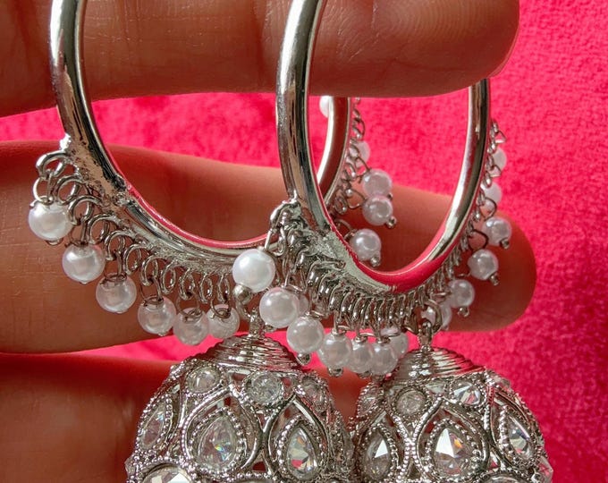 Silver polki hoops Earrings/ Punjabi Bali Hoops /Indian Earrings/Silver polki bali / Kundan silver Jhumka //Bridesmaid Jewelry