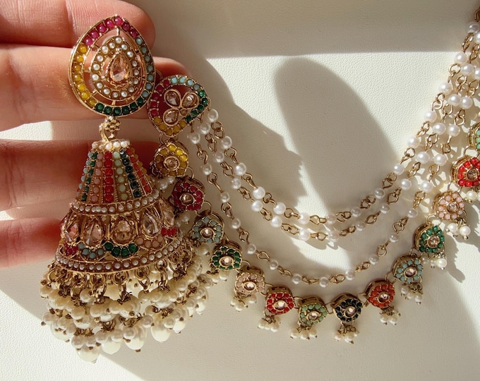 Antique polki Kundan bahubali Multi  Earrings Set  With  Earchain Sahare /Gold  Jhumka Polki Earrings / Indian Jewelry