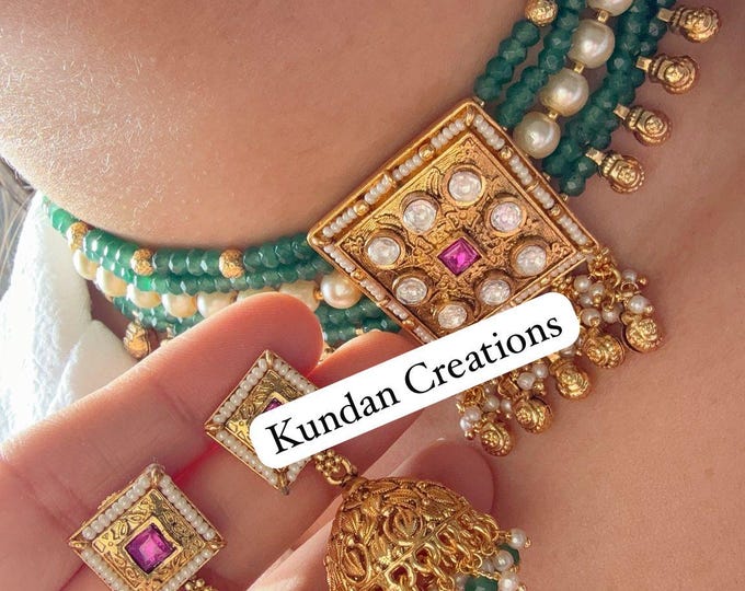 Traditiona lKundan Polki choker with jhumka /Rajwadi finish green Choker Necklace /Temple jewelry/Indian jewelry/Indian Wedding  jewelry