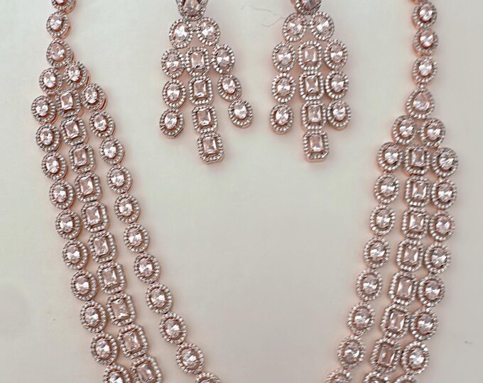 Rose gold triple layer Long necklace/ CZ Diamond triple layer  Necklace Statement Necklace /Indian jewelry/ long necklace/ diamond necklace