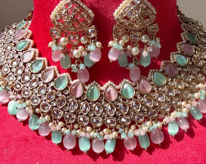Mint Pink kundan necklace/  kundan  Polki necklace  Set Chandbali and Tikka  /bridal necklace/Indian wedding jewelry/Bridal necklace set/