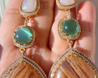 Pendientes de moissanita inspirados en Tej Sabyasachi / Joyas llamativas / Pendientes de moissanita con piedras dobles naturales múltiples / Pendientes de diamantes para novias