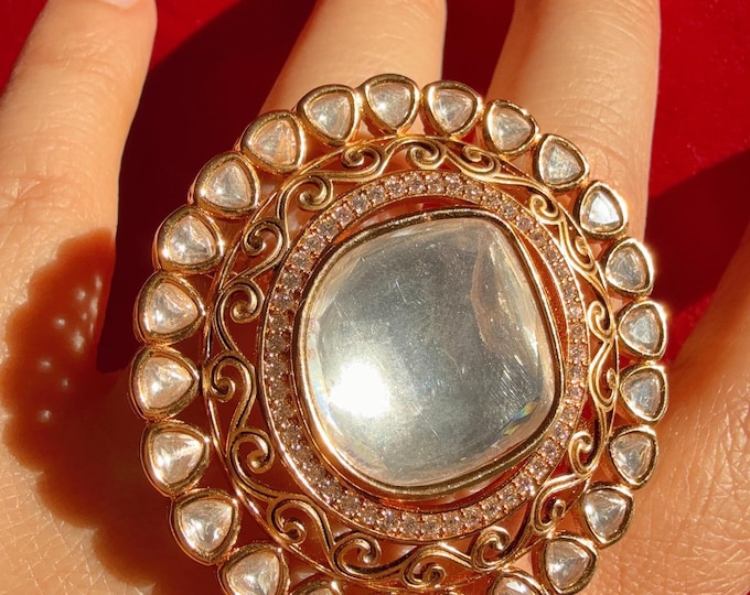 Bridal Kundan Moissanite kundan  Oversized Ring/Gold  bridal Ring/ Kundan Statement Ring /Finger Kundan ring/Indian Bridal jewelry