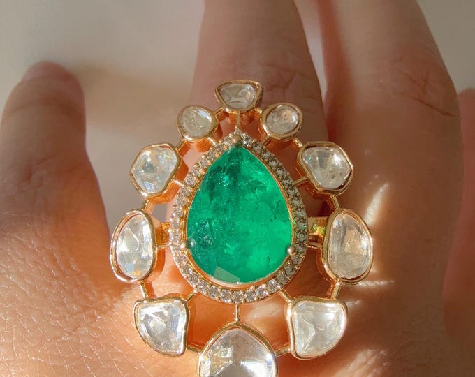 Tyaani Inspired Doublet Moissanite Adjustable Ring/ Emerald green Doublet Stone Ring/ Indian Jewelry/Indian Wedding jewelry/