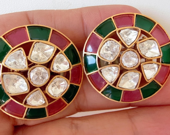 Ruby Green Pearl Talpe Cut Gemstone  Earrings/Moissanite  diamond Kundan Studs /Indian Jewelry /Statement Stud Earring/