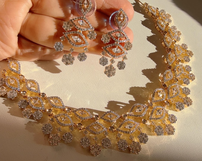 Gold   double strand  Diamond Necklace set /Indian jewelry/Bridal choker/Diamond choker/ Indian Necklace/Gold  diamond choker