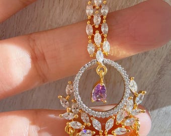 Maang tikka de diamantes americanos de dos tonos morados / Joyería de boda india / Joyería pakistaní / Matha patti / Joyería para la frente india / Joyería india