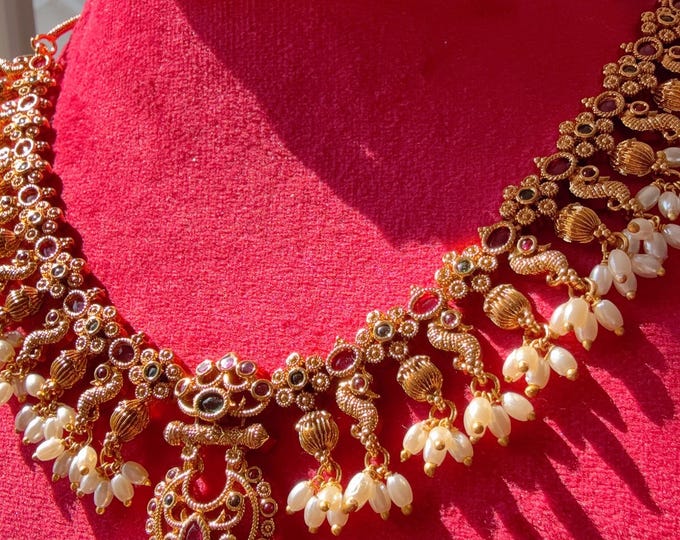 Kemp Ruby  green peacock necklace /Indian Choker /Guttapusalu necklace /Temple jewelry/South Indian jewelry/Indian Wedding jewelry