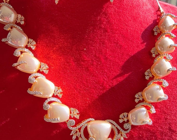 Mother of pearl  diamond 2 tone necklace   Set/Kundan Moissanite long Necklace/ Indian Bridal Jewelry/Kundan Wedding Jewelry