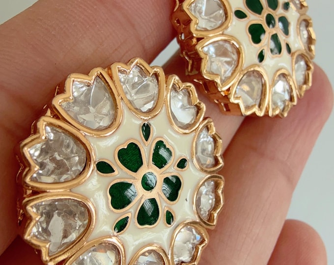 Moissanite  Meenakari  Green Kundan Studs /Indian Jewelry /Statement Stud Earring/Kundan Stud Earrings/Studs/Diamond Meenakari Studs