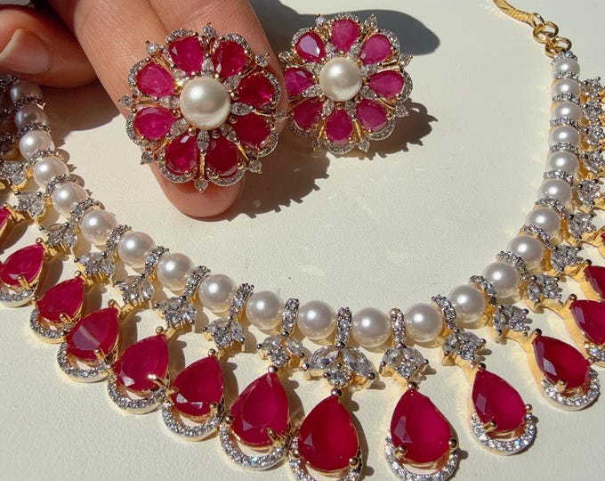 2 Tone Gold Ruby Necklace diamond necklace /Indian jewelry/ CZ Choker/Bridal choker/ Indian Necklace/2 tone  Ruby diamond necklace