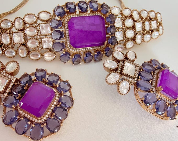 Moissanite doublet stones purple choker set Kundan choker set/ Kundan  choker/ Doublet Stone & Moissanite Choker Necklace Set