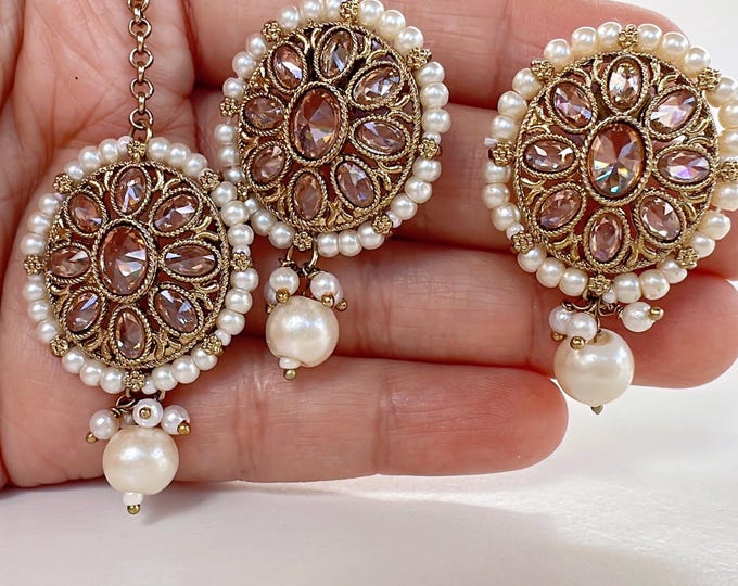 Petite antique dull gold Kundan Tikka w/Earring Set/Polki tikka earrings set/ Indian jewelry/jewelry/Stud  Tikka  set/Costume jewelry