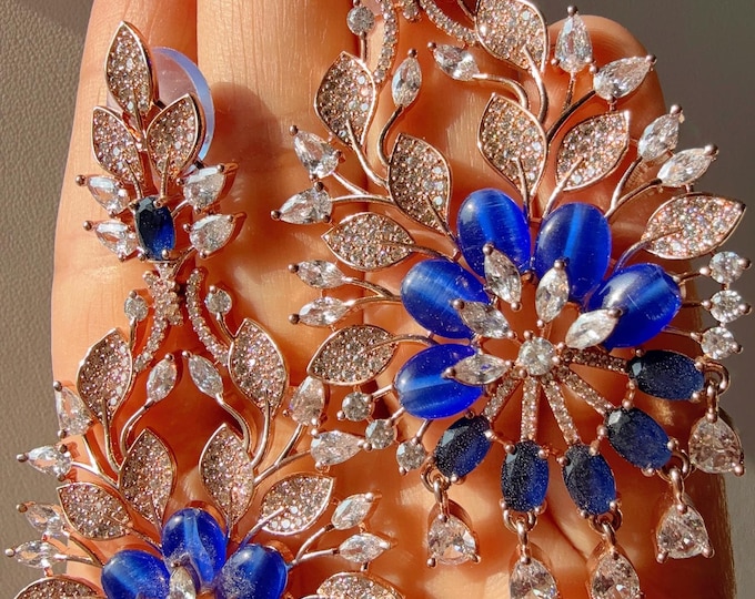 Cubic Zirconia Chandelier Earrings/Diamond Chandelier Rose gold blue  Earrings / Indian wedding Jewelry/Diamond Flower Drop Dangle Earrings