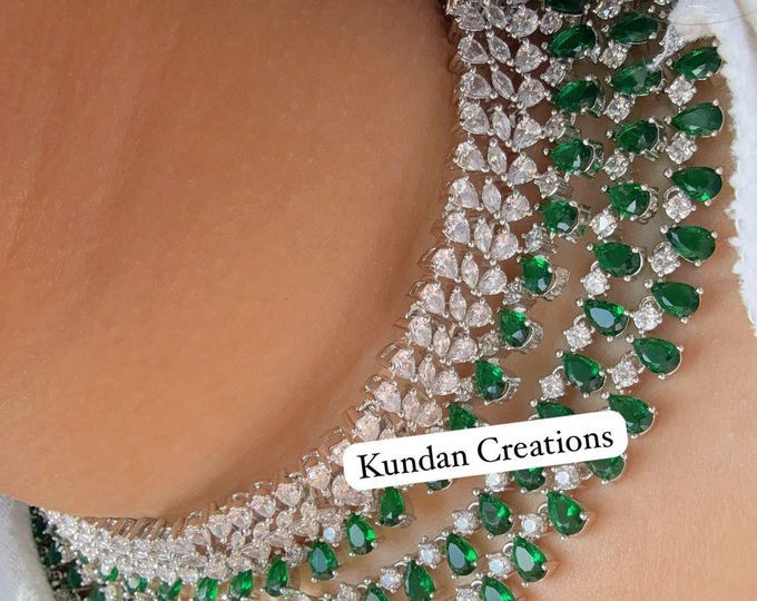 5 Layers Emerald CZ diamond bridal necklace /Indian jewelry/ CZ bridal necklace/ diamond jhumka choker/green Silver CZ Diamond necklace/