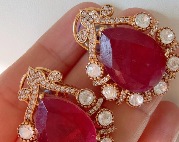 Ruby Doublet Stone Moissanite kundan Earrings/Elegant Statement Jewelry/Ruby Moissanite diamond Earrings/Bridal Diamond earrings