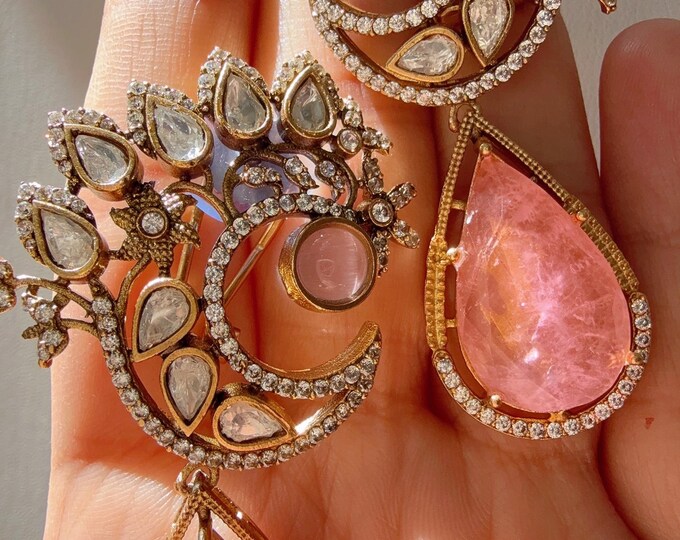 Baby Pink Sabyasachi-Inspired Moissanite doublet stone  Earrings/Statement Jewelry/Moissanite Baby pink Earrings/Bridal Diamond earrings