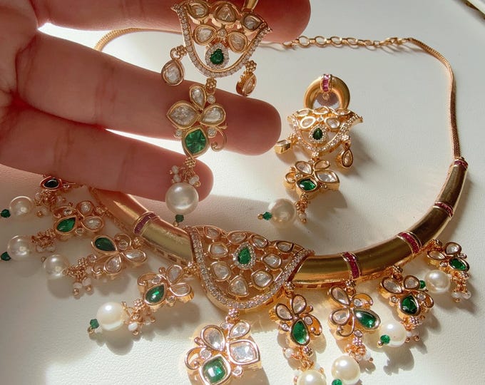 Bridal Kundan Jewelry Moissanite Emerald gold hasli necklace/Bridal  diamond  Necklace  set/ Indian Jewelry/Indian Wedding jewelry