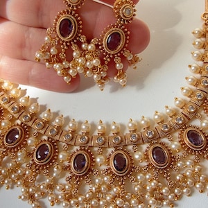 Gold Plated purple  Choker Necklace Set/South Indian jewelry/Indian Wedding jewelry/Gold Finish purple stone necklace/Purple Choker Necklace