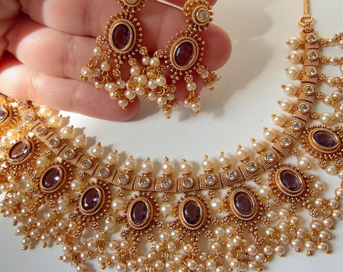 Gold Plated purple  Choker Necklace Set/South Indian jewelry/Indian Wedding jewelry/Gold Finish purple stone necklace/Purple Choker Necklace