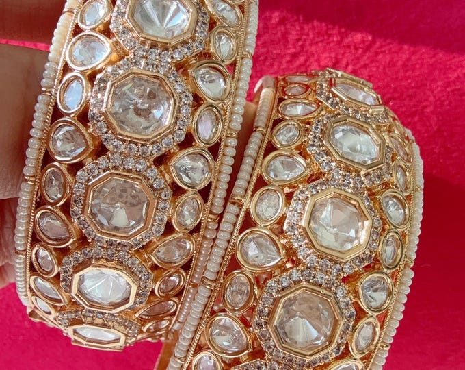 Bridal wide  Moissanite kundan kada/ bridal Bangles / Cz stone Moissanite  gold kada / Indian bangles/Indian Jewelry /kundan bangles