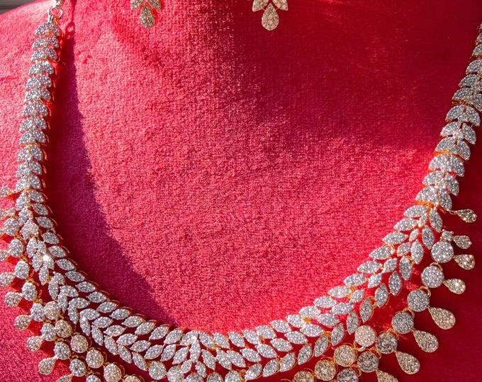 2 Tone double strand  Diamond Necklace set /Indian jewelry/ CZ Choker/Bridal choker/Diamond choker/ Indian Necklace/gold  diamond choker
