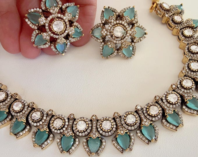 Antique Gold Mint Necklace diamond choker  /Indian jewelry/ CZ Choker/Bridal diamond choker/ Indian Necklace/Antique  Mint diamond choker