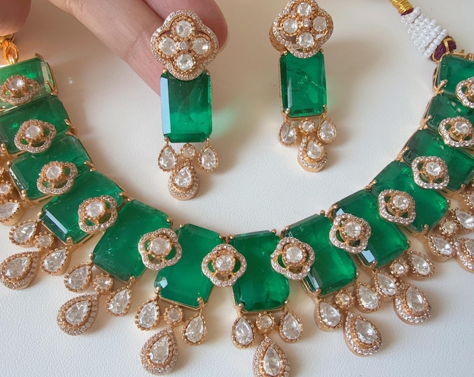 Semi Bridal Doublet Kundan Jewelry Moissanite emerald necklace Set/Kundan Moissanite Necklace/ Indian Bridal Jewelry/Kundan Jewelry