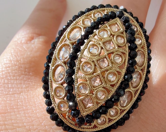 Kundan Polki Oversized Black Ring/Adjustable Ring/ Indian Ring/ Indian Jewelry/Indian Wedding jewelry/bridal accessories