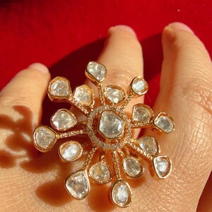 Flower Moissanite Bridal Kundan Moissanite Ring/Adjustable Ring/Double Finger Kundan Statement Ring /Indian Wedding jewelry/ image 1
