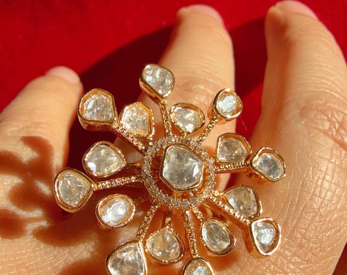Flower Moissanite Bridal Kundan Moissanite Ring/Adjustable Ring/Double Finger Kundan Statement Ring /Indian Wedding jewelry/