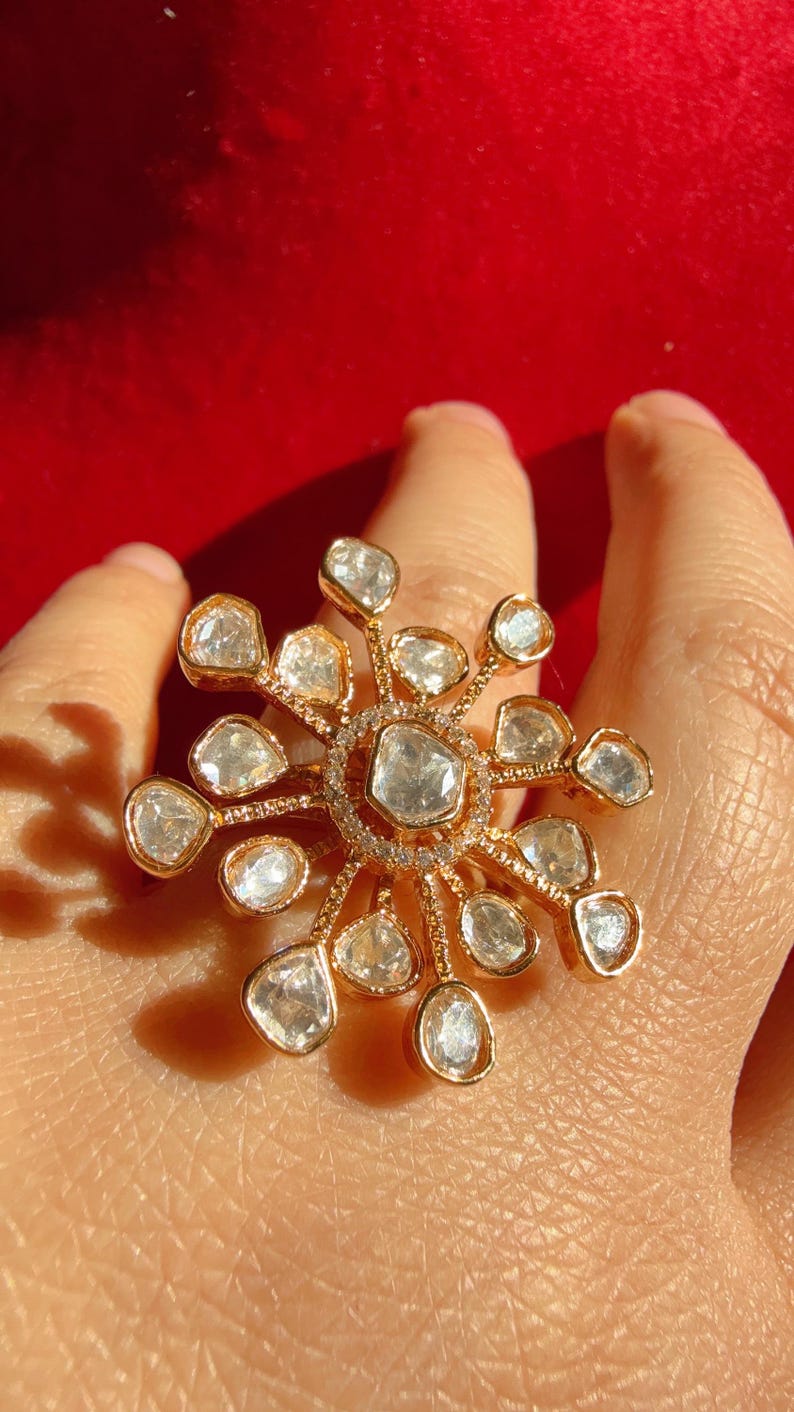 Flower Moissanite Bridal Kundan Moissanite Ring/Adjustable Ring/Double Finger Kundan Statement Ring /Indian Wedding jewelry/ image 1