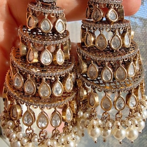 Chanchal Sabyasachi-Inspired Gold Luxurious Moissanite Chandelier Earrings/Statement Jewelry Moissanite jhumka Earrings/Bridal Diamond