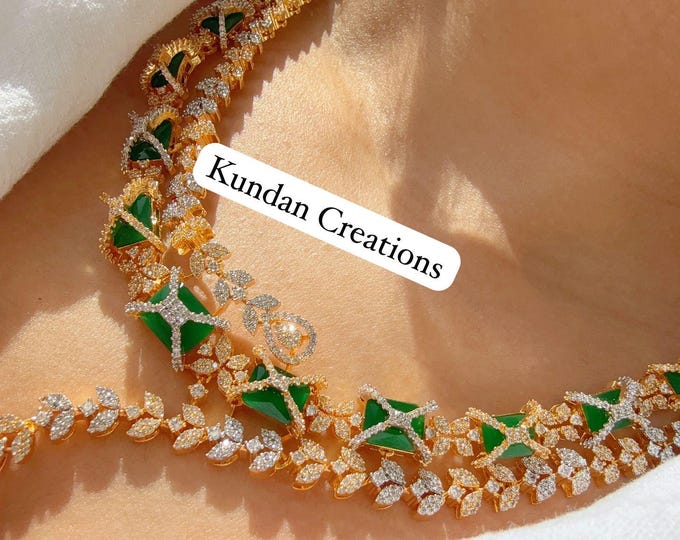 2 tone  Diamond emerald  Necklace  /Indian jewelry/ CZ green 2 tone Choker/Bridal diamond choker/Indian Necklace/Emerald  diamond necklace