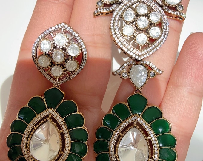 Kundan Jewelry Moissanite long necklace set/Kundan Moissanite Stone bridal long  Necklace / Indian Bridal Jewelry/emerald green necklace