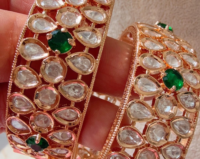 Openable Moissanite kundan bridal green wide kada Bangles / Cz stone Moissanite kada /Indian Jewelry /bridal kundan wide kada bangles