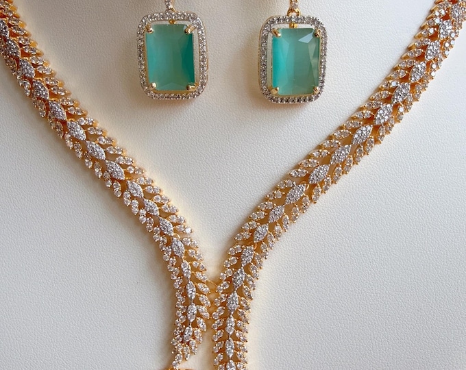 2 Tone Gold  Diamond Mint  Necklace /Indian jewelry/ CZ 2 tone diamond Choker/Bridal choker/Diamond Jewelry / Indian mint Necklace/