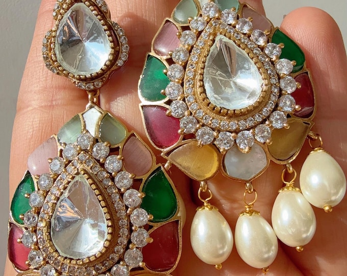 Sabyasachi-Inspired Moissanite kundan Multi Earrings/Elegant Statement Jewelry/Gold Finish Moissanite Polki Earrings/Bridal Diamond earrings