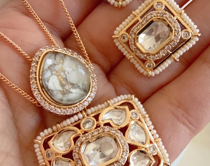 Premium Moissanite white fire stone Pendant Set/Kundan Stone Necklace/ Indian Bridal Jewelry/Moissanite fire stone  Kundan Wedding Jewelry