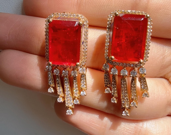Diamond   Doublet Ruby  Stud Earrings/Moissanite  diamond Kundan Studs /Indian Jewelry /Statement Baby Ruby  Earring/