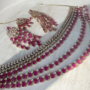 5 Layers Ruby CZ diamond Antique bridal choker necklace with earrings and Maang tikka  /Indian jewelry/ CZ bridal necklace