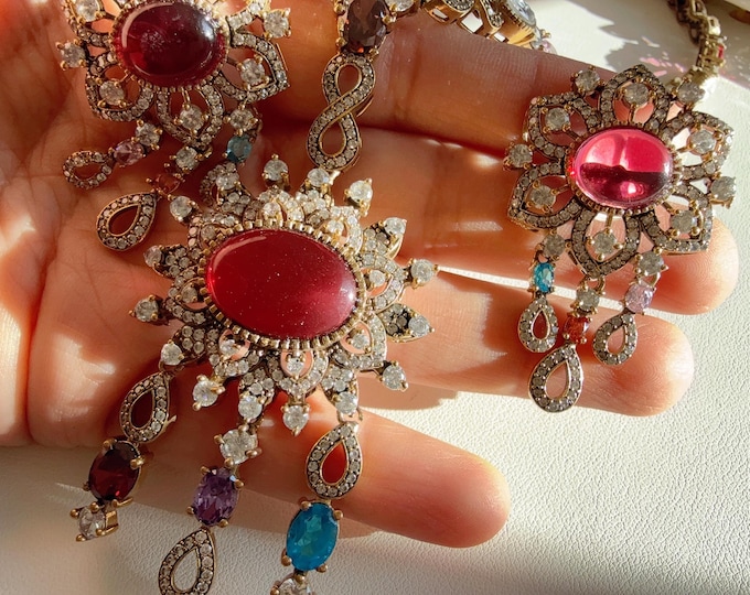 Kundan Moissanite Ruby Navratan  long necklace set/ Kundan Stone long Necklace chain set/ Indian Bridal Jewelry/Indian Wedding jewelry