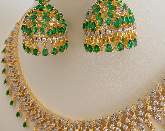 2 Tone  Diamond green Necklace with jhumka /Indian jewelry/ CZ Choker/Bridal choker/Diamond choker/ Indian Necklace/ Green diamond choker