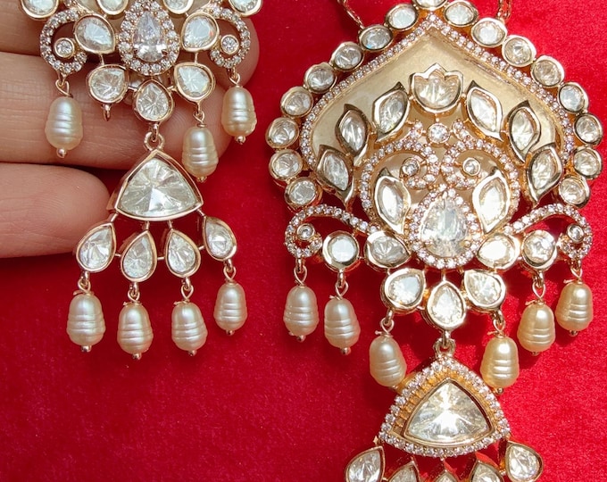 Mother of pearl  Moissanite long necklace  jhumka Set Next to real /Kundan Moissanite Necklace//Kundan Wedding Jewelry/Semi bridal set