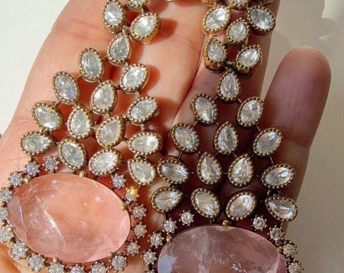 Light peach Doublet Stone Moissanite kundan Earrings/Elegant Statement Jewelry/Peach Moissanite Earrings/Bridal Diamond Peachearrings