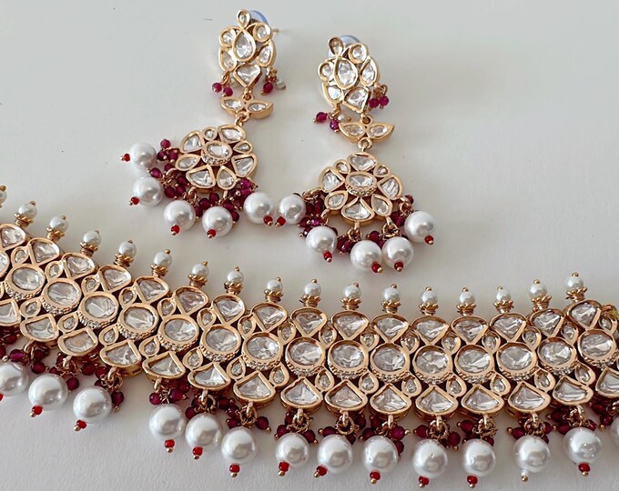Polki Kundan Jewelry Moissanite Burgundy necklace stud set/Polki Kundan emerald  Necklace / Indian Bridal Jewelry/Indian Wedding jewelry