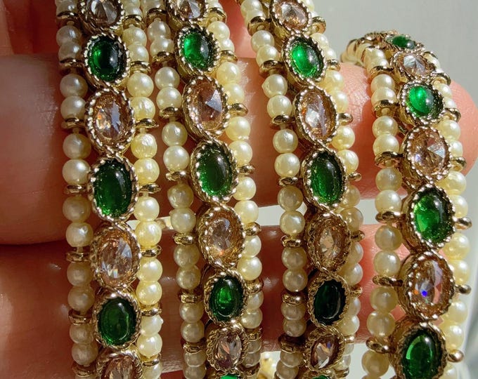 Green Kundan Bangles/Polki Kundan antique finish Pearl Bangles Set(4 Pc) /Indian Jewelry// Kundan Bangles/Green kundan bangles